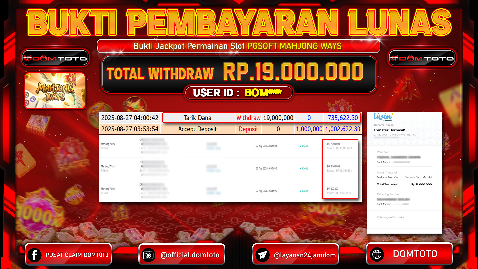 JACKPOT SLOT MAHJONG WAYS PGSoft  27 AGUSTUS  2025